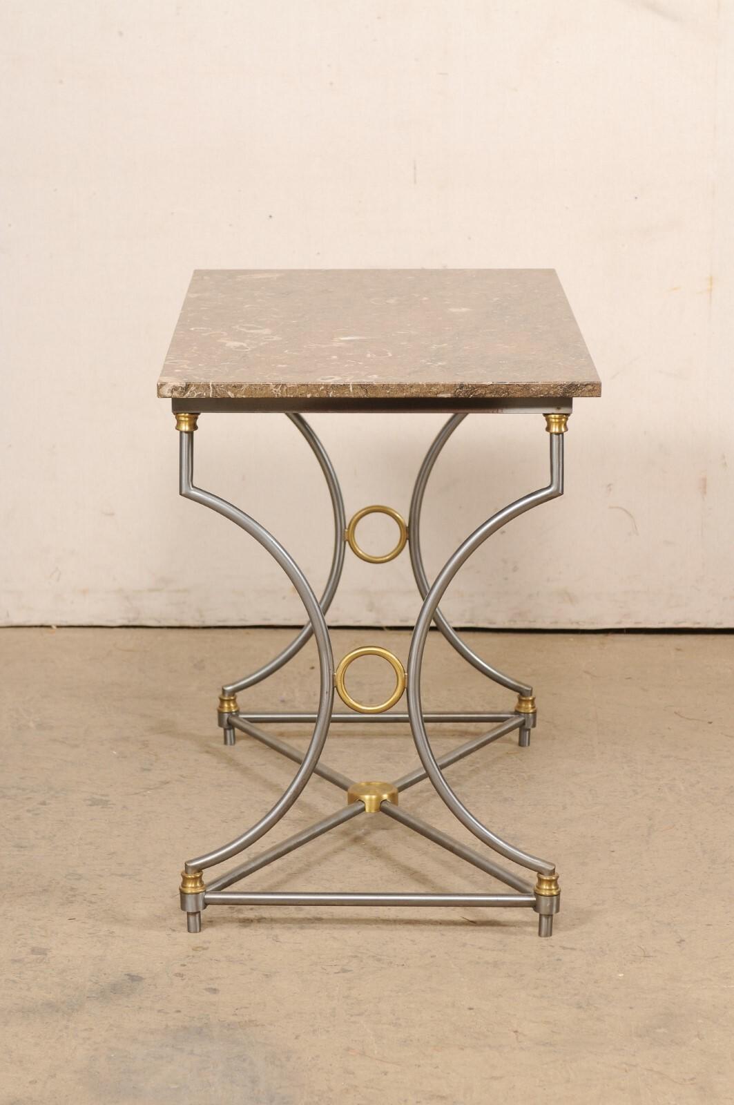 Mid-Century Fossilized Marble Top Steel Table w/Gold Accents, Approx. 3 Ft Wide For Sale 5