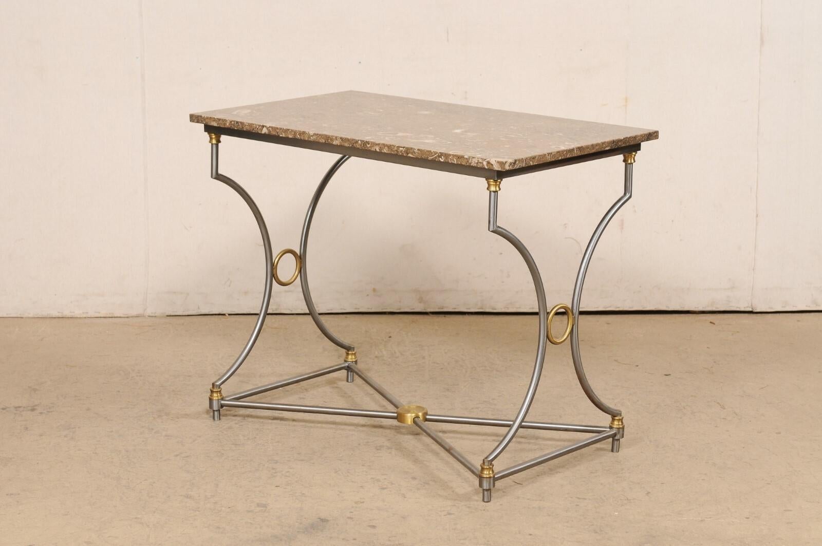 Mid-Century Fossilized Marble Top Steel Table w/Gold Accents, Approx. 3 Ft Wide For Sale 6