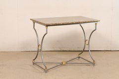 Mid-Century Fossilized Marble Top Steel Table w/Gold Accents, Approx. 3 Ft Wide