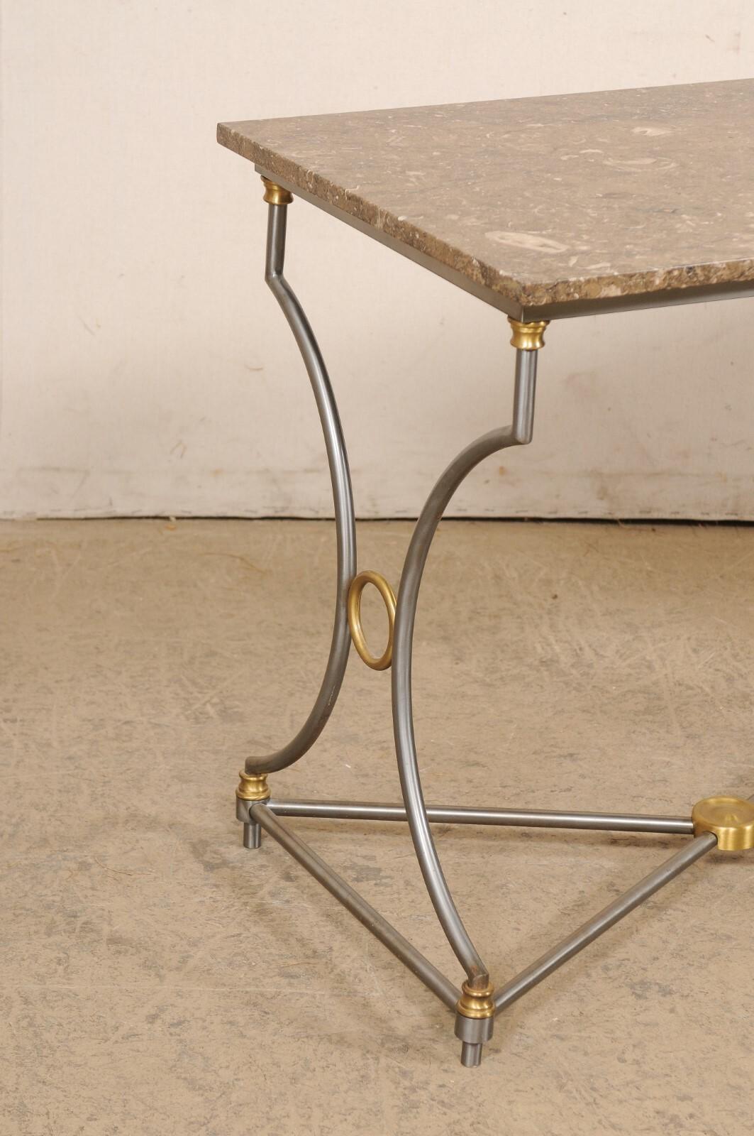 American Mid-Century Fossilized Marble Top Steel Table w/Gold Accents, Approx. 3 Ft Wide For Sale