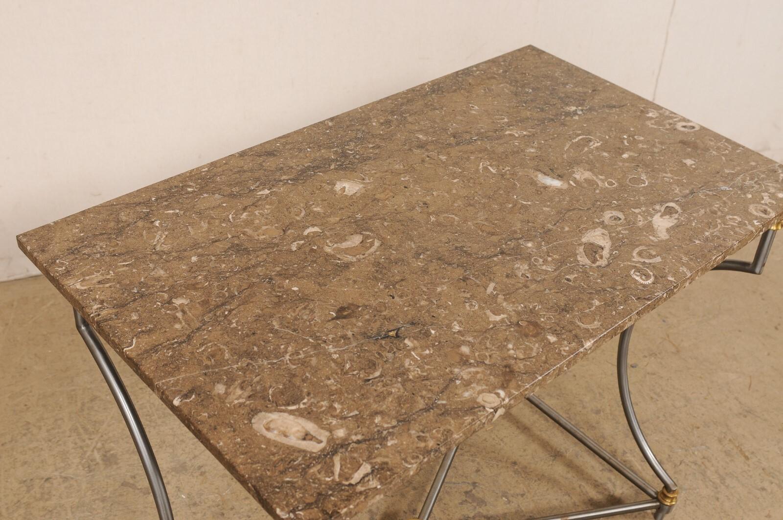 20th Century Mid-Century Fossilized Marble Top Steel Table w/Gold Accents, Approx. 3 Ft Wide For Sale