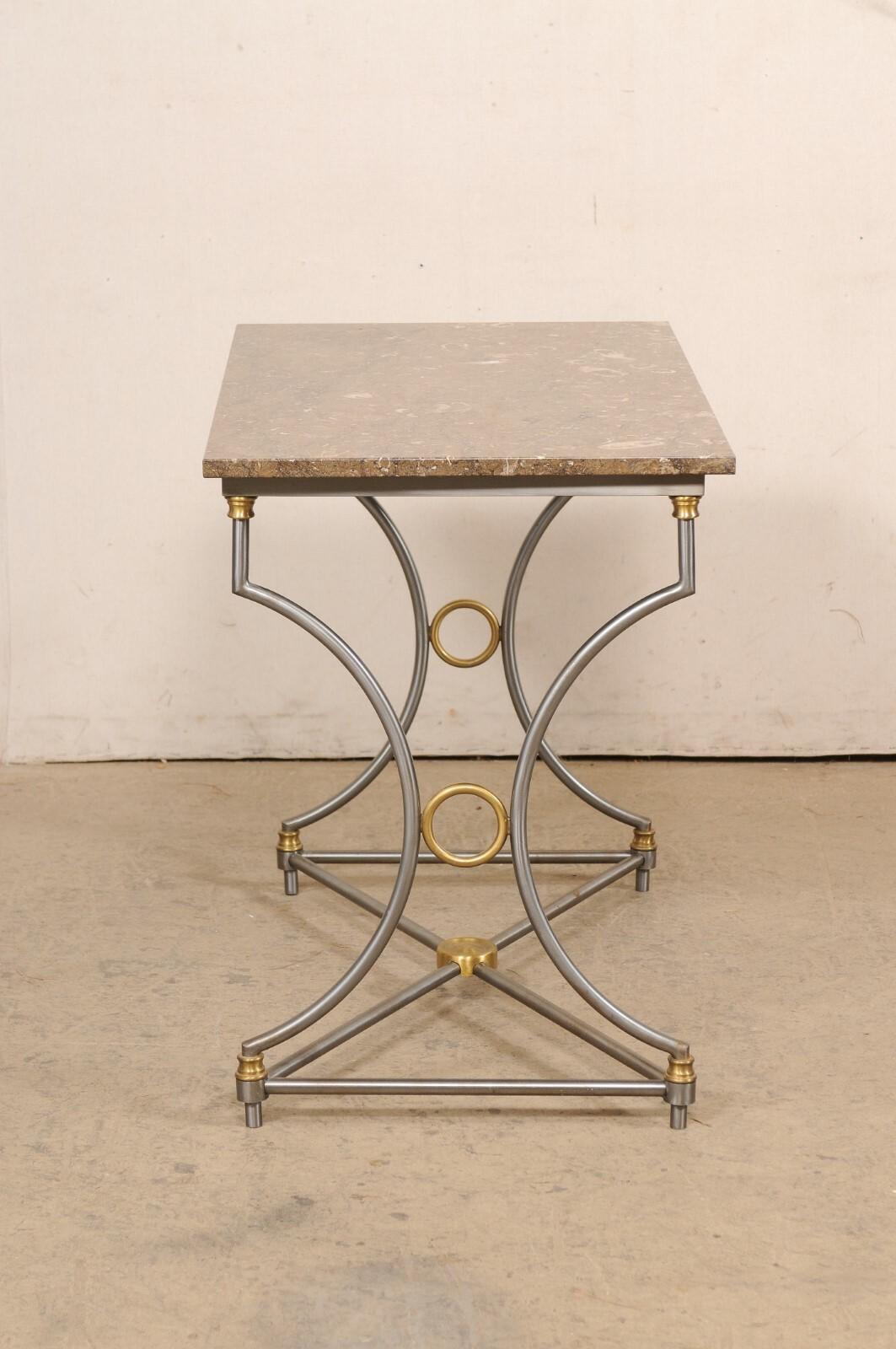 Mid-Century Fossilized Marble Top Steel Table w/Gold Accents, Approx. 3 Ft Wide For Sale 1