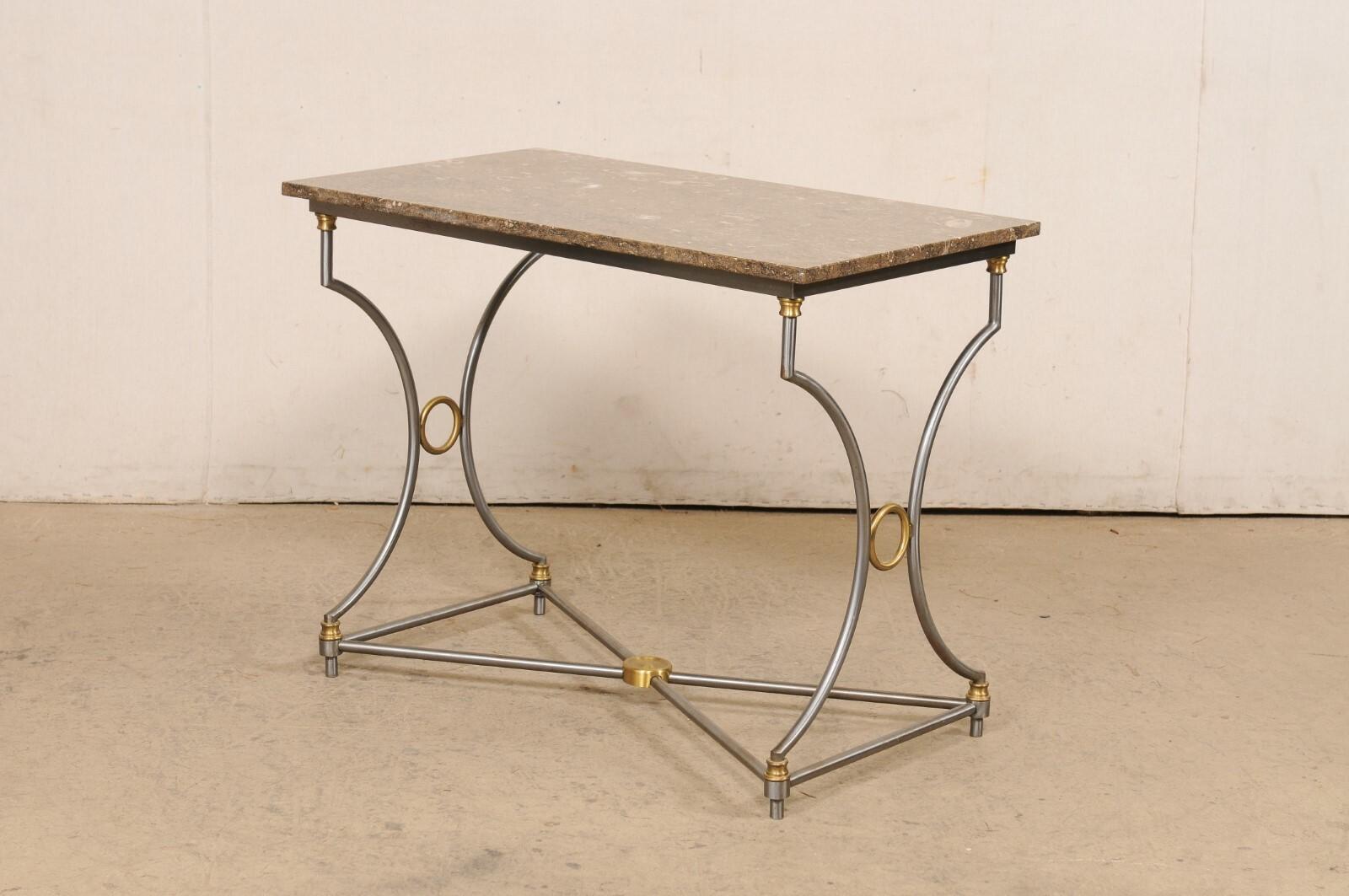 Mid-Century Fossilized Marble Top Steel Table w/Gold Accents, Approx. 3 Ft Wide For Sale 2