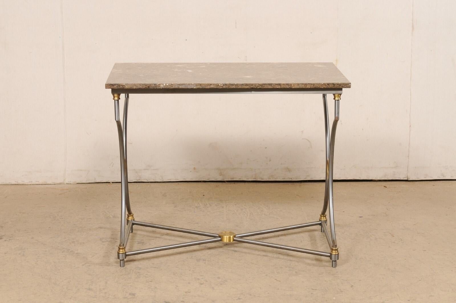 Mid-Century Fossilized Marble Top Steel Table w/Gold Accents, Approx. 3 Ft Wide For Sale 3