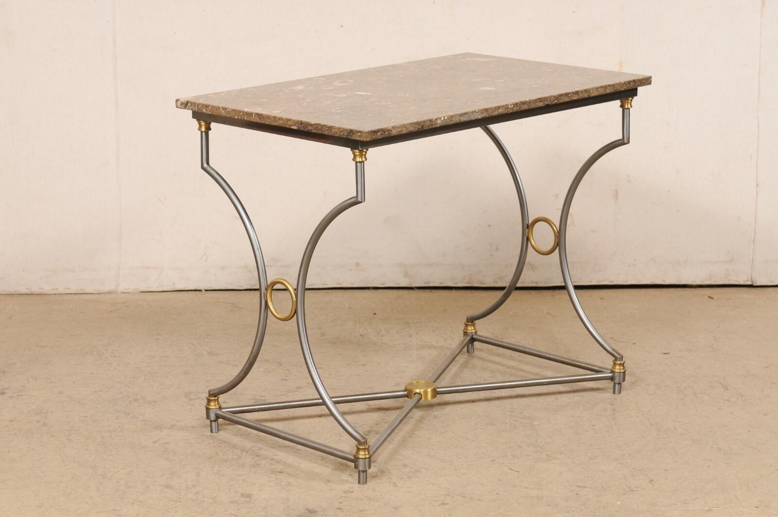 Mid-Century Fossilized Marble Top Steel Table w/Gold Accents, Approx. 3 Ft Wide For Sale 4