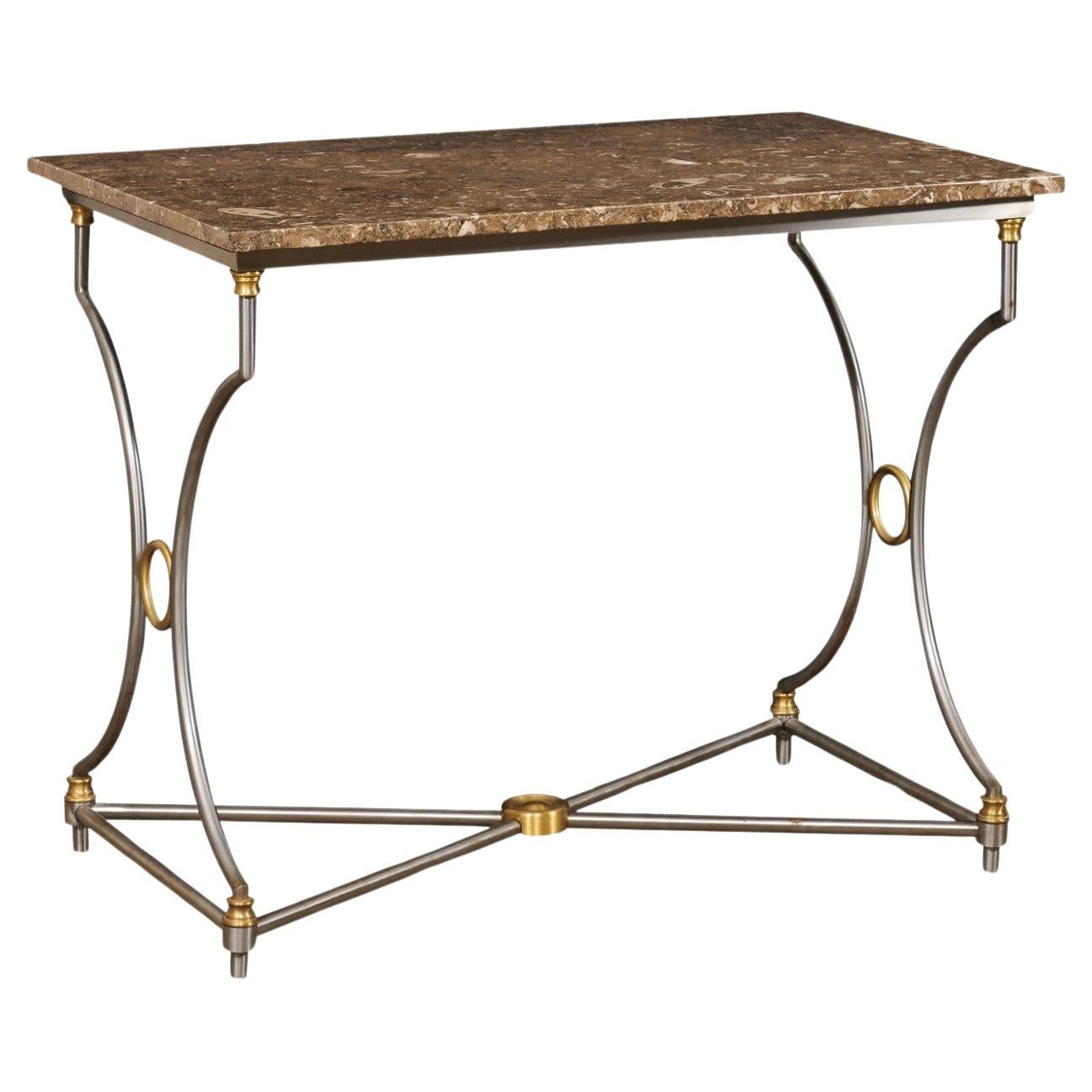 Mid-Century Fossilized Marble Top Steel Table w/Gold Accents, Approx. 3 Ft Wide For Sale