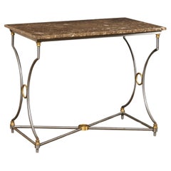 Vintage Mid-Century Fossilized Marble Top Steel Table w/Gold Accents, Approx. 3 Ft Wide