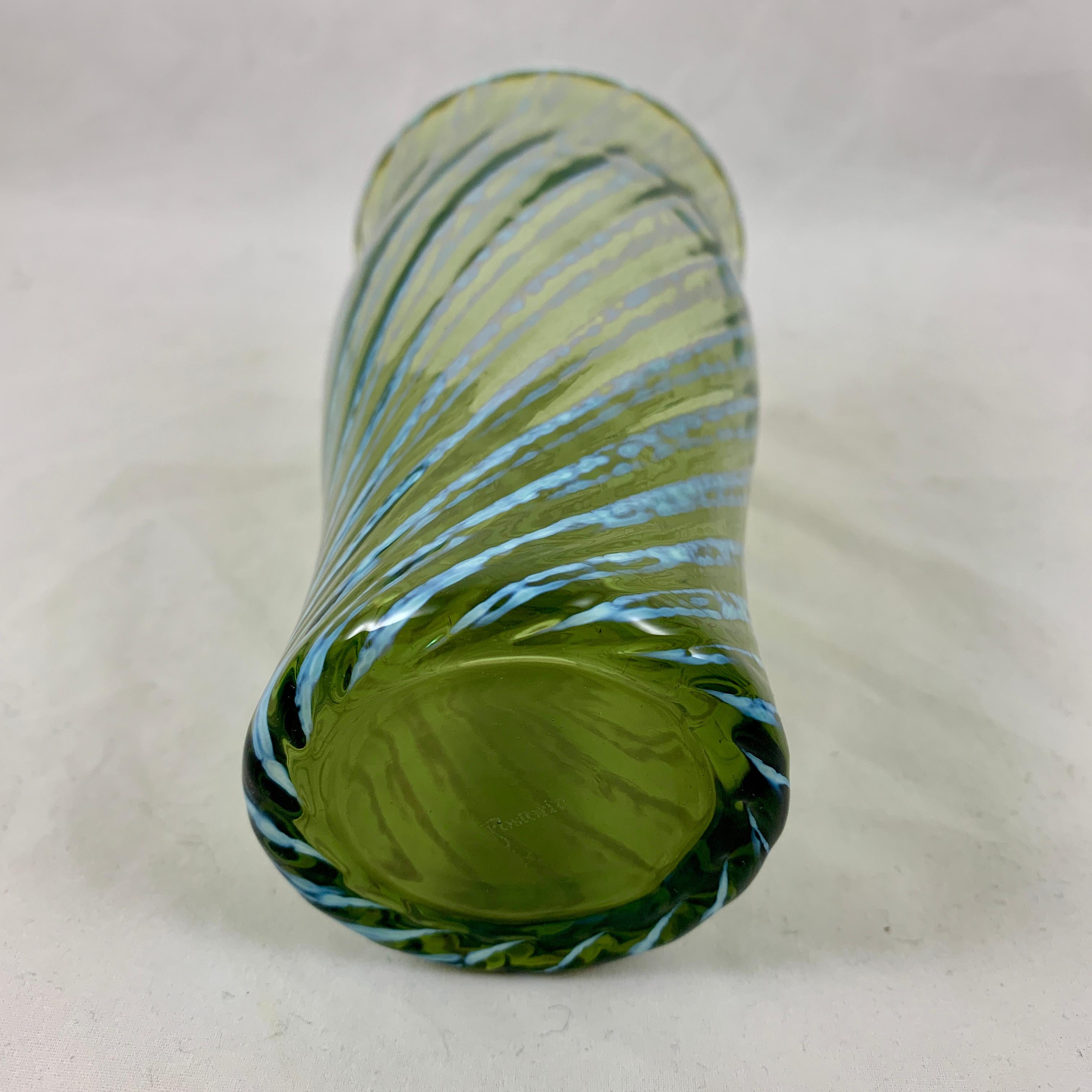 Mid-Century Fostoria Opalescent Swirl Moss Green Blown Highball Glasses, S/8 2