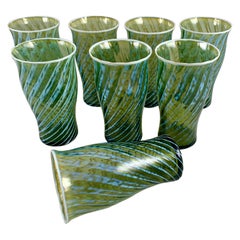 Retro Mid-Century Fostoria Opalescent Swirl Moss Green Blown Highball Glasses, S/8