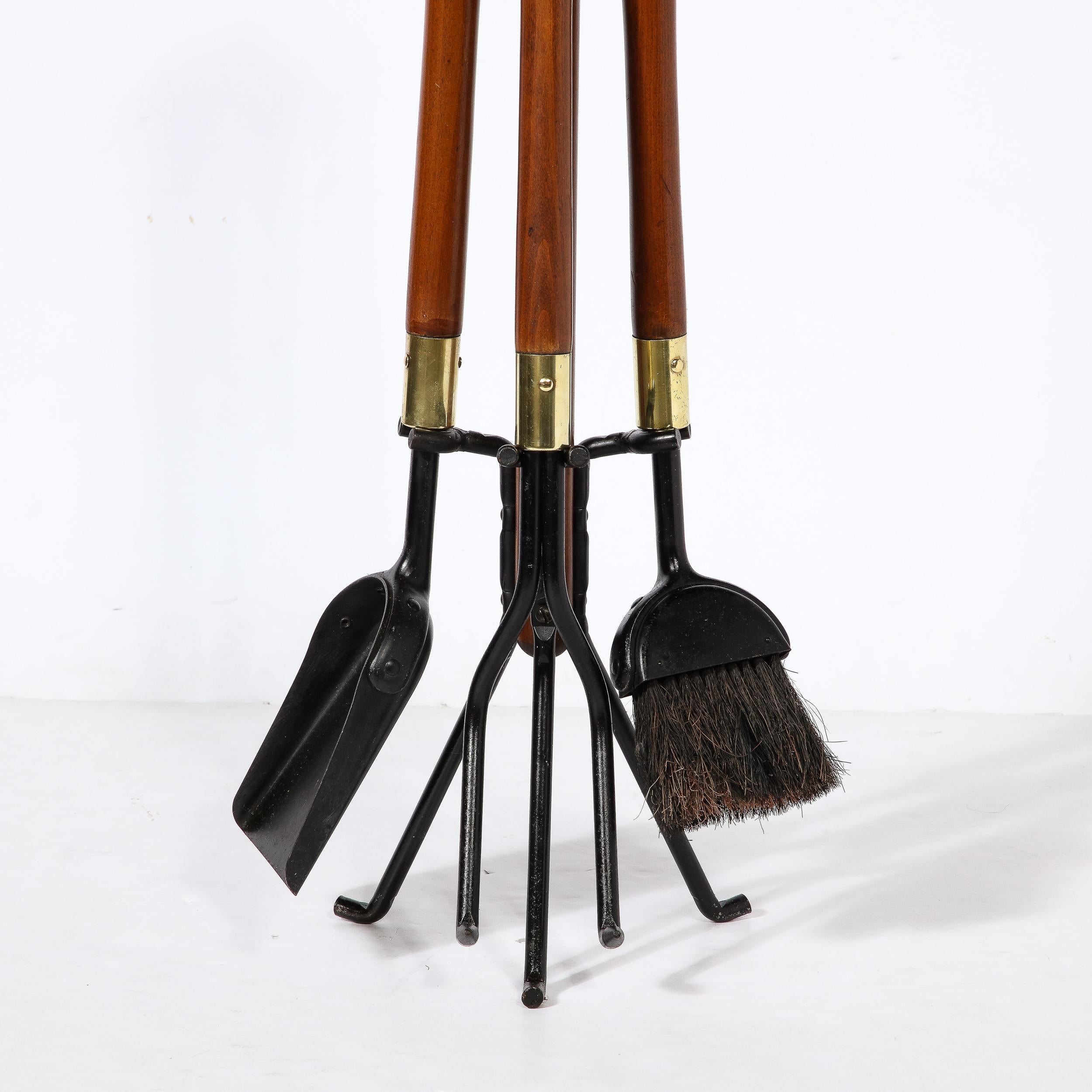 Mid-Century Modern Mid Century Four Piece Handrubbed Walnut, Brass, Black Enamel Fire Tool Set