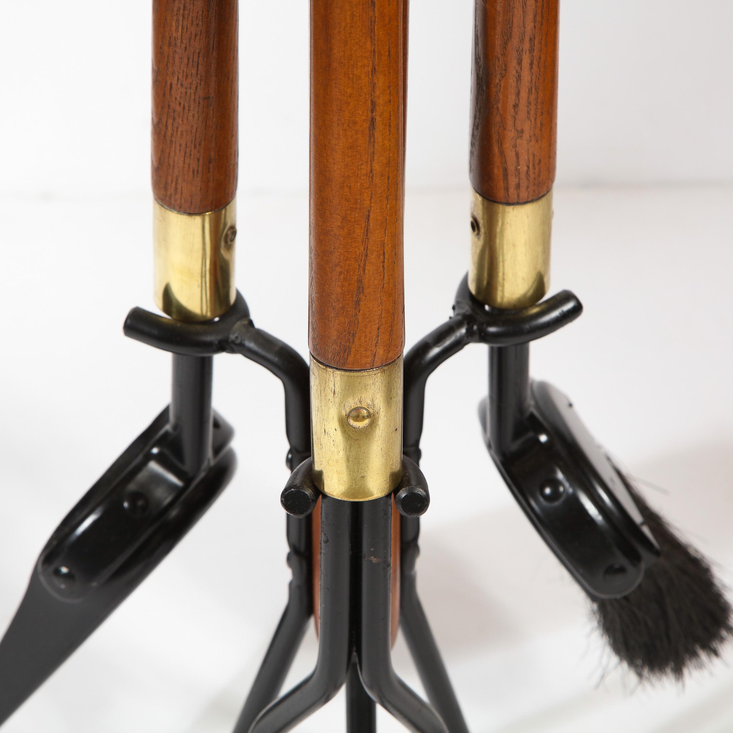 American Midcentury Four Piece Handrubbed Walnut, Brass, Black Enamel Fire Tool Set