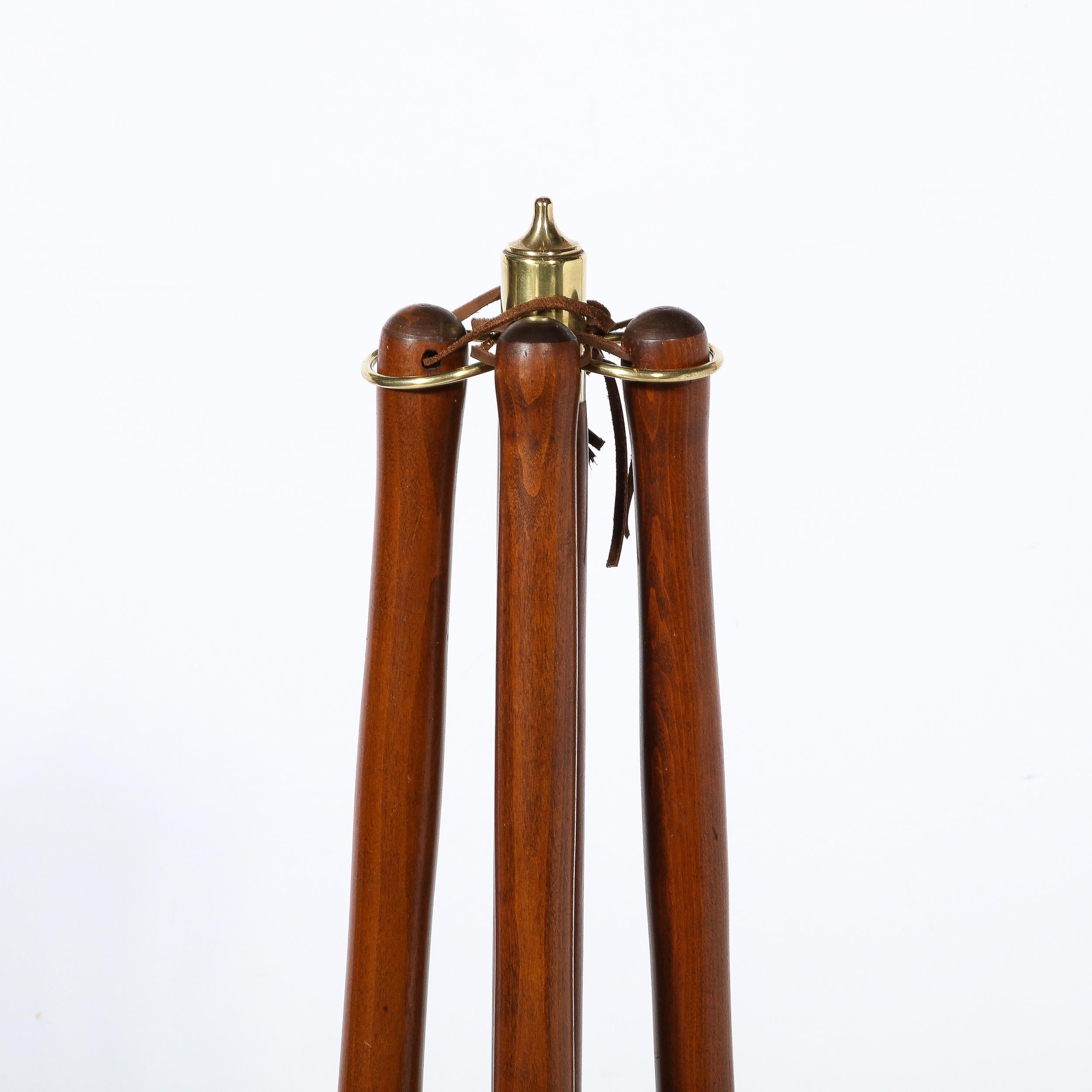 American Mid Century Four Piece Handrubbed Walnut, Brass, Black Enamel Fire Tool Set