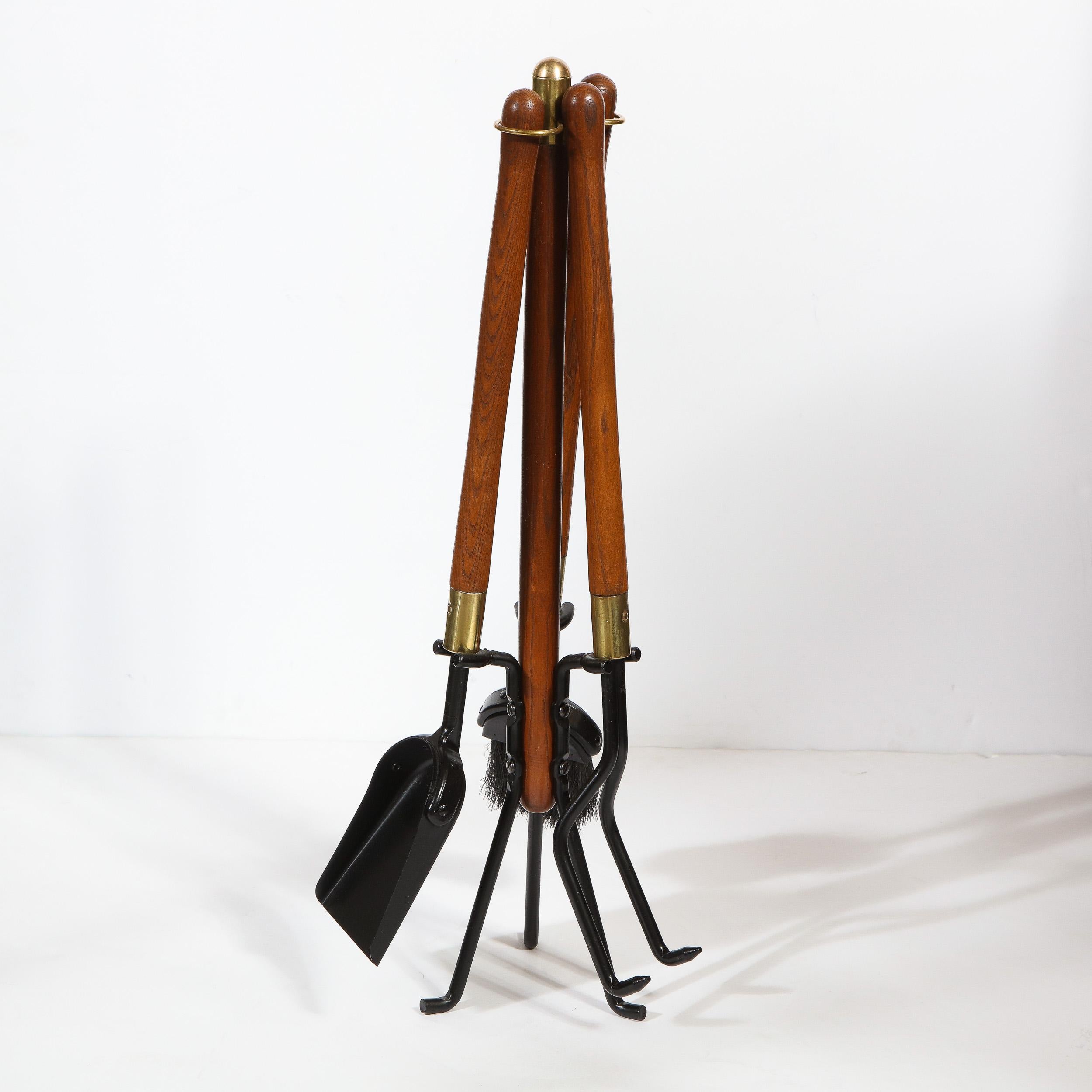 Midcentury Four Piece Handrubbed Walnut, Brass, Black Enamel Fire Tool Set In Good Condition In New York, NY