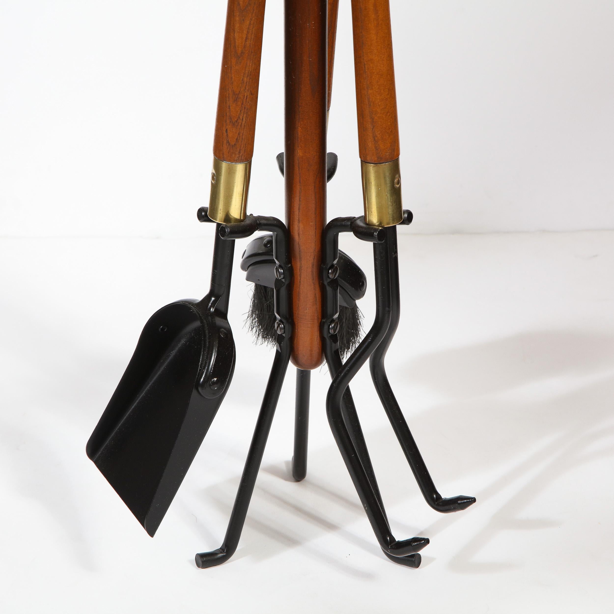 Mid-20th Century Midcentury Four Piece Handrubbed Walnut, Brass, Black Enamel Fire Tool Set