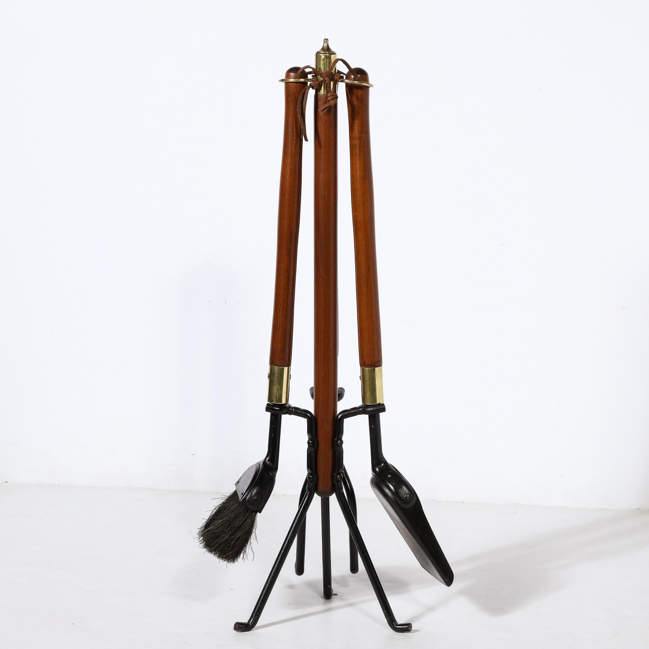 Mid-20th Century Mid Century Four Piece Handrubbed Walnut, Brass, Black Enamel Fire Tool Set