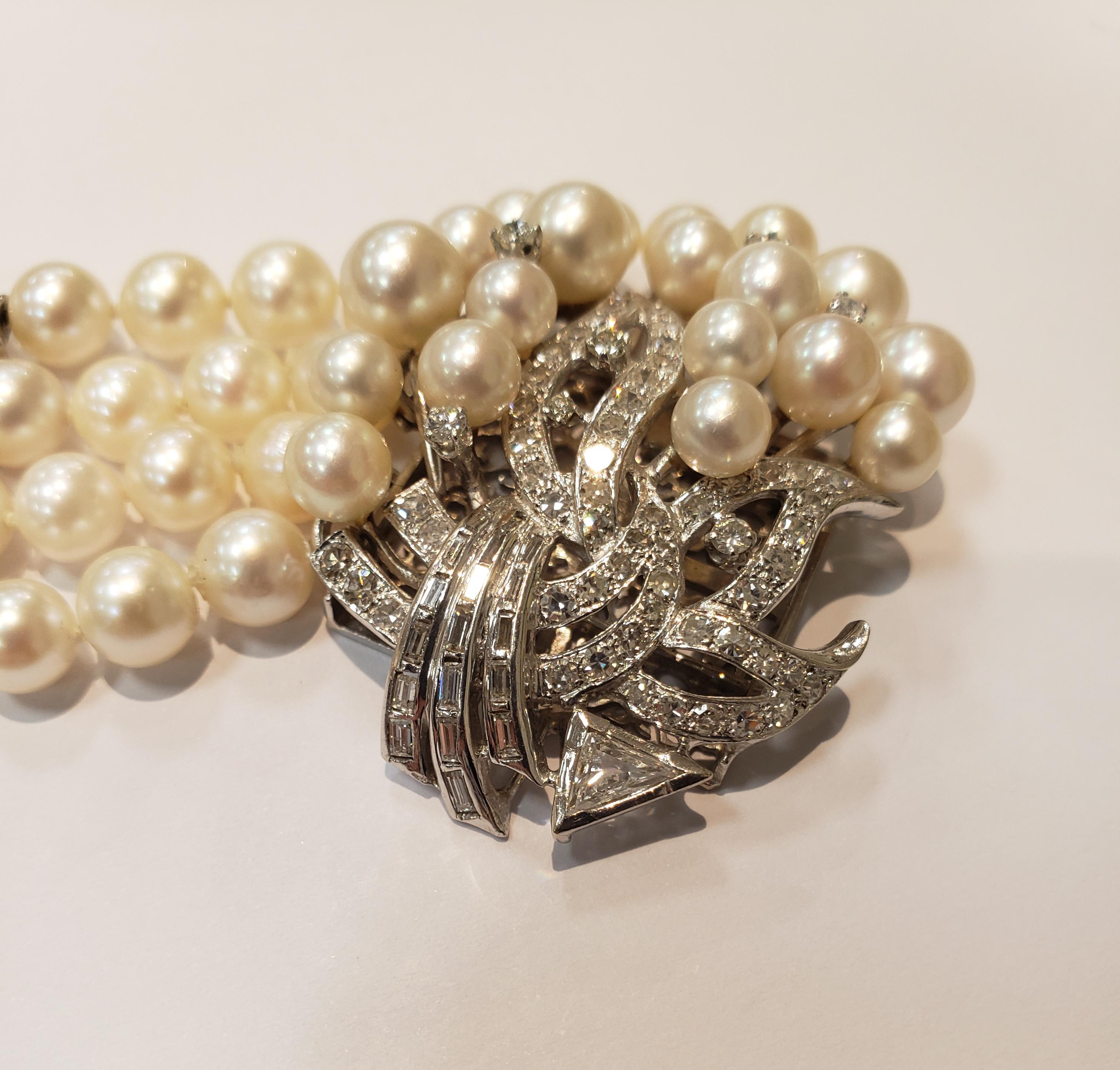 Midcentury Four Strand Pearl Bracelet with Assorted Diamond Clasp For Sale 5
