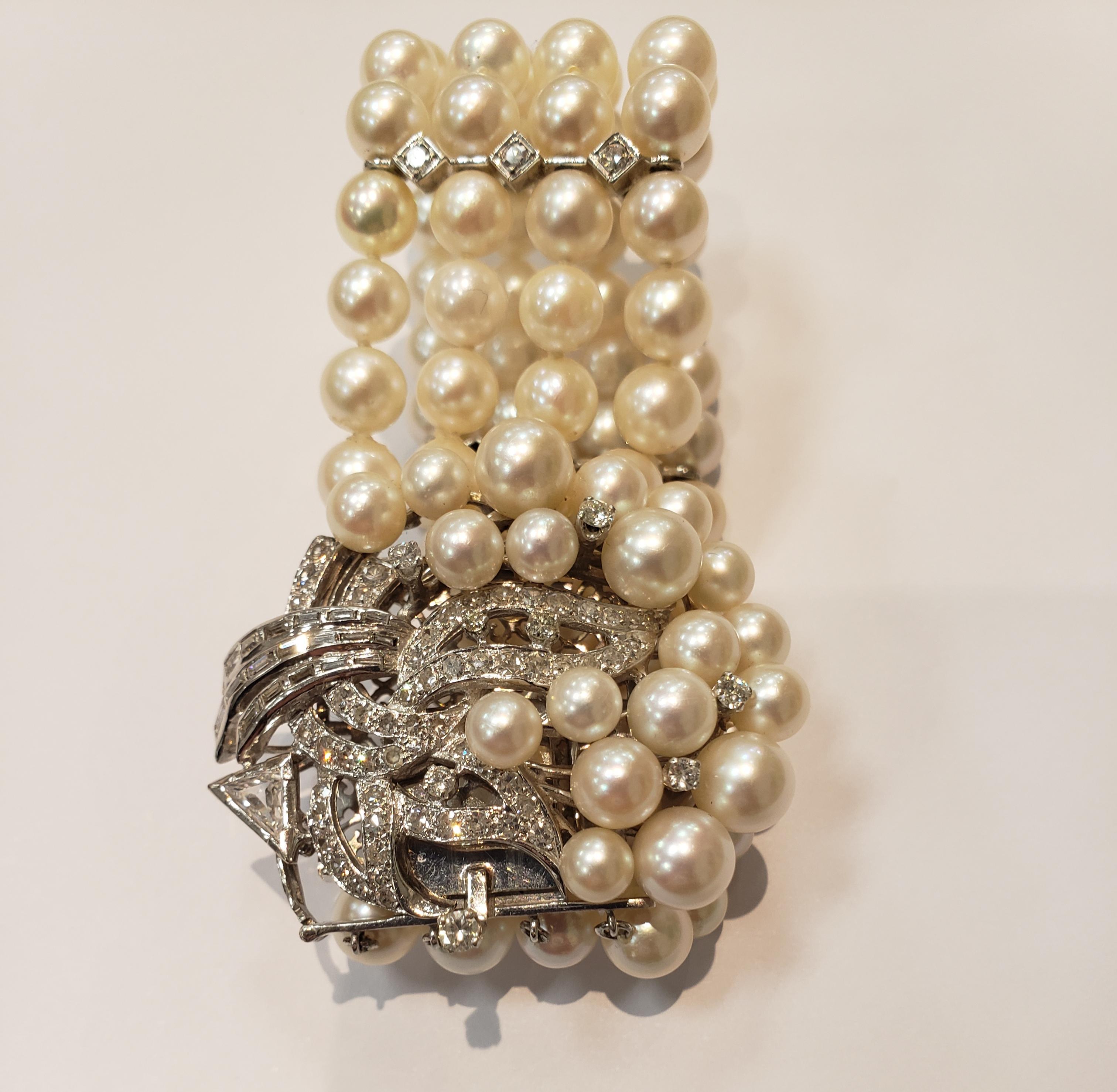 Midcentury Four Strand Pearl Bracelet with Assorted Diamond Clasp For Sale 6