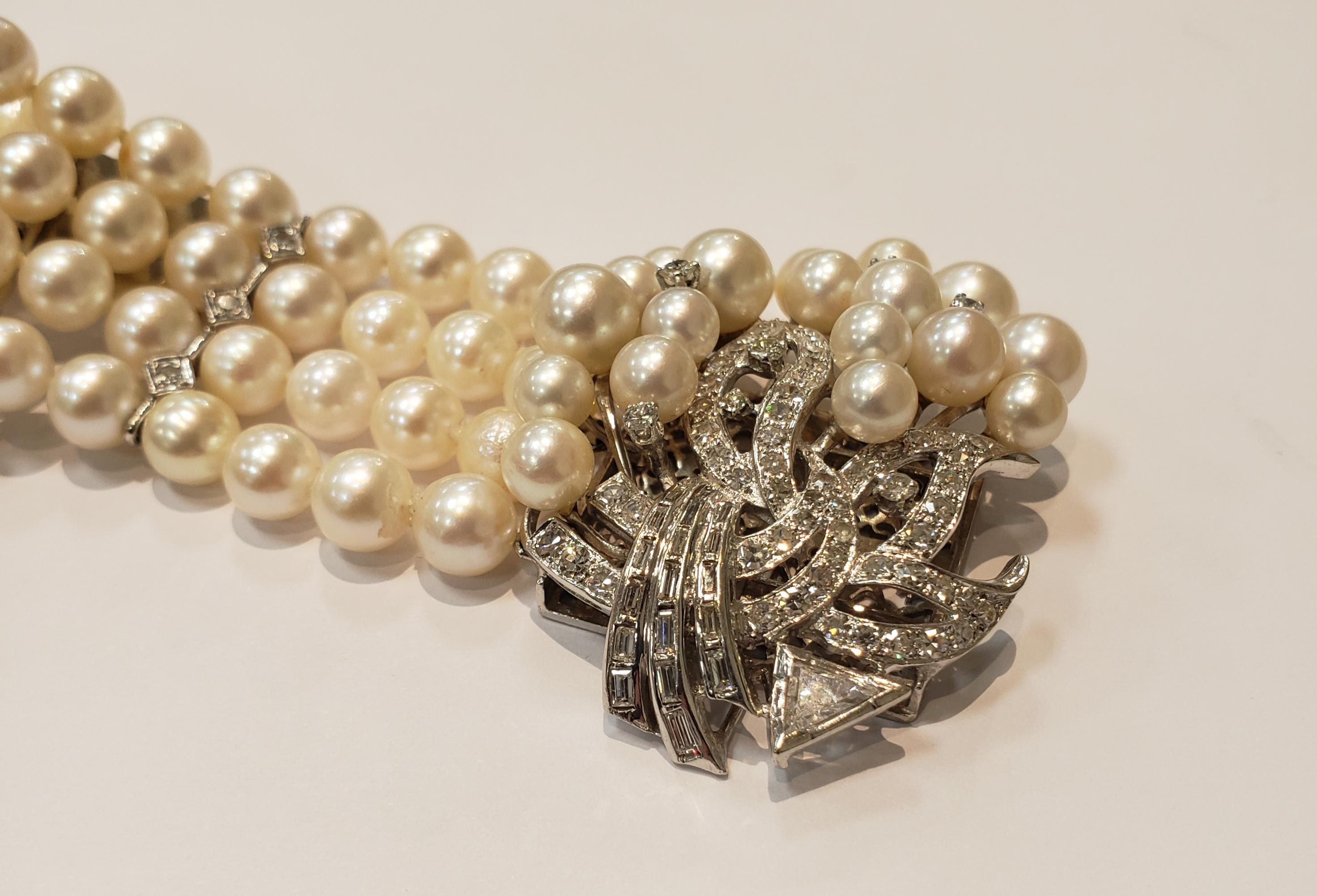 Post-War Midcentury Four Strand Pearl Bracelet with Assorted Diamond Clasp For Sale