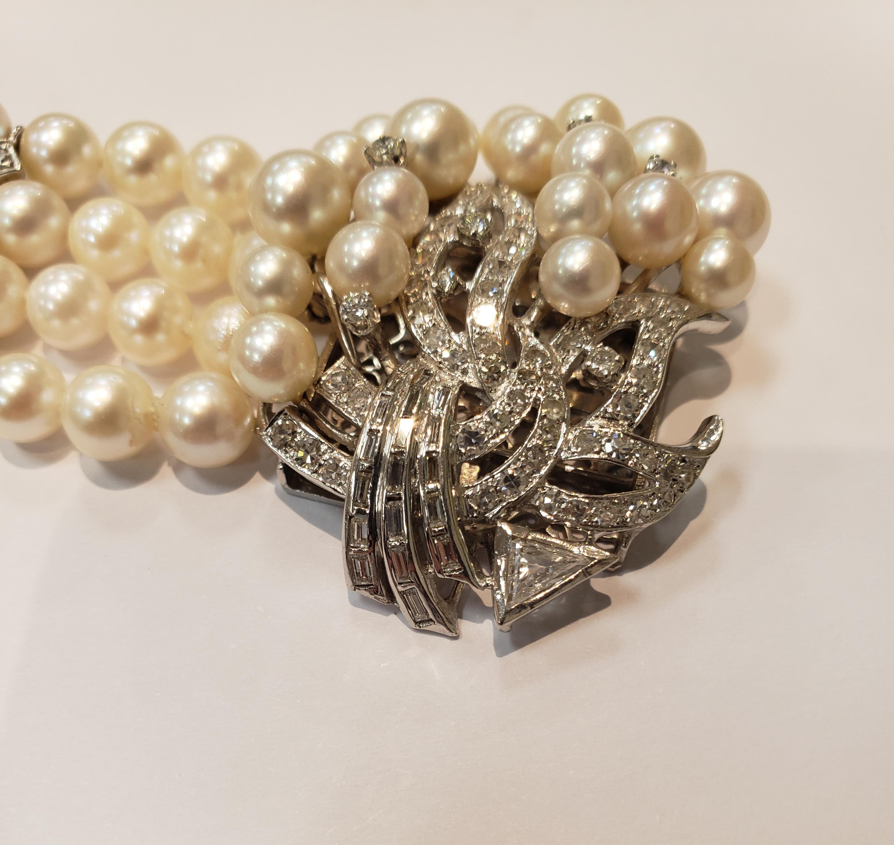 Midcentury Four Strand Pearl Bracelet with Assorted Diamond Clasp In Good Condition For Sale In Red Bank, NJ