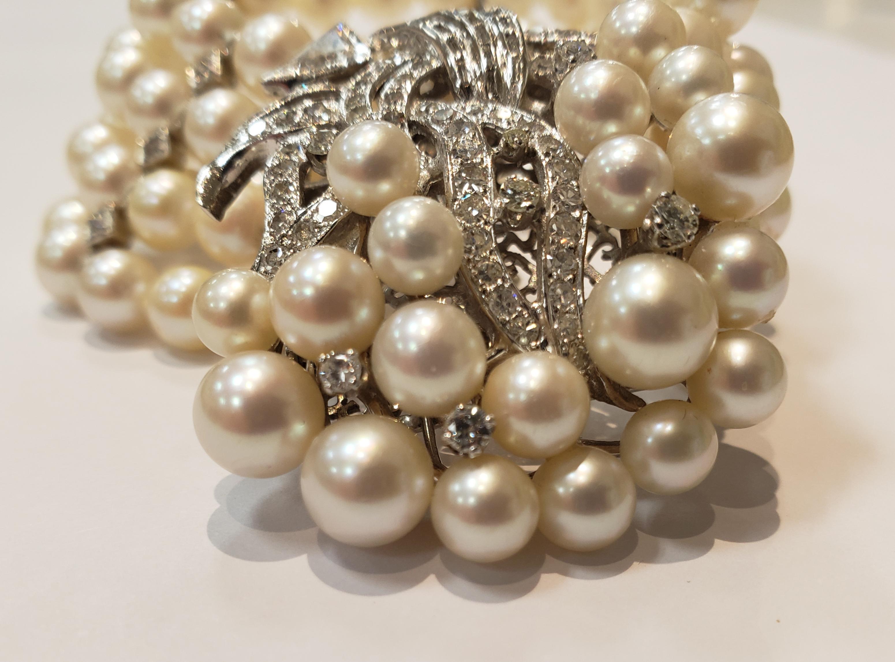 Women's or Men's Midcentury Four Strand Pearl Bracelet with Assorted Diamond Clasp For Sale