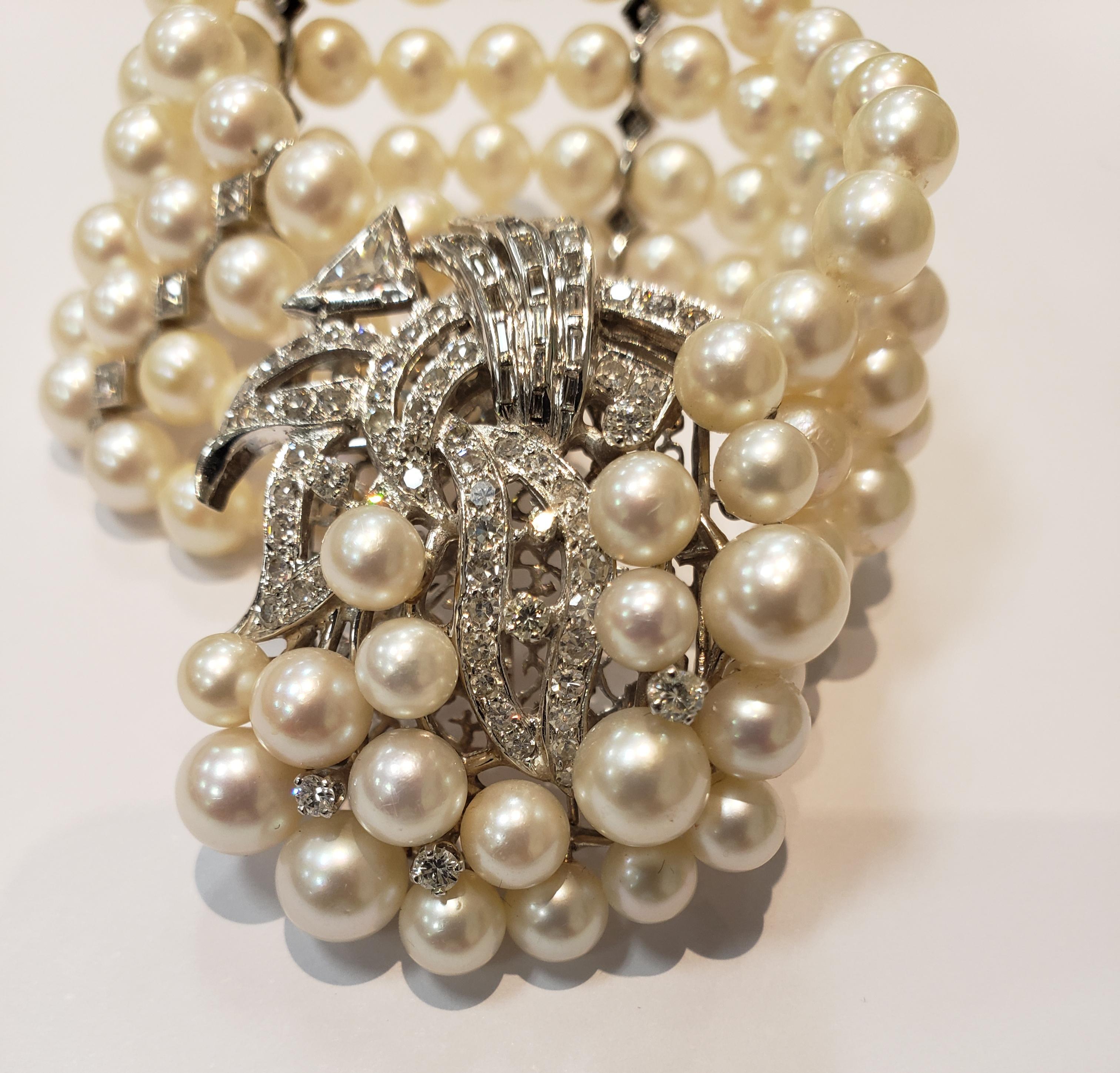 Midcentury Four Strand Pearl Bracelet with Assorted Diamond Clasp For Sale 1
