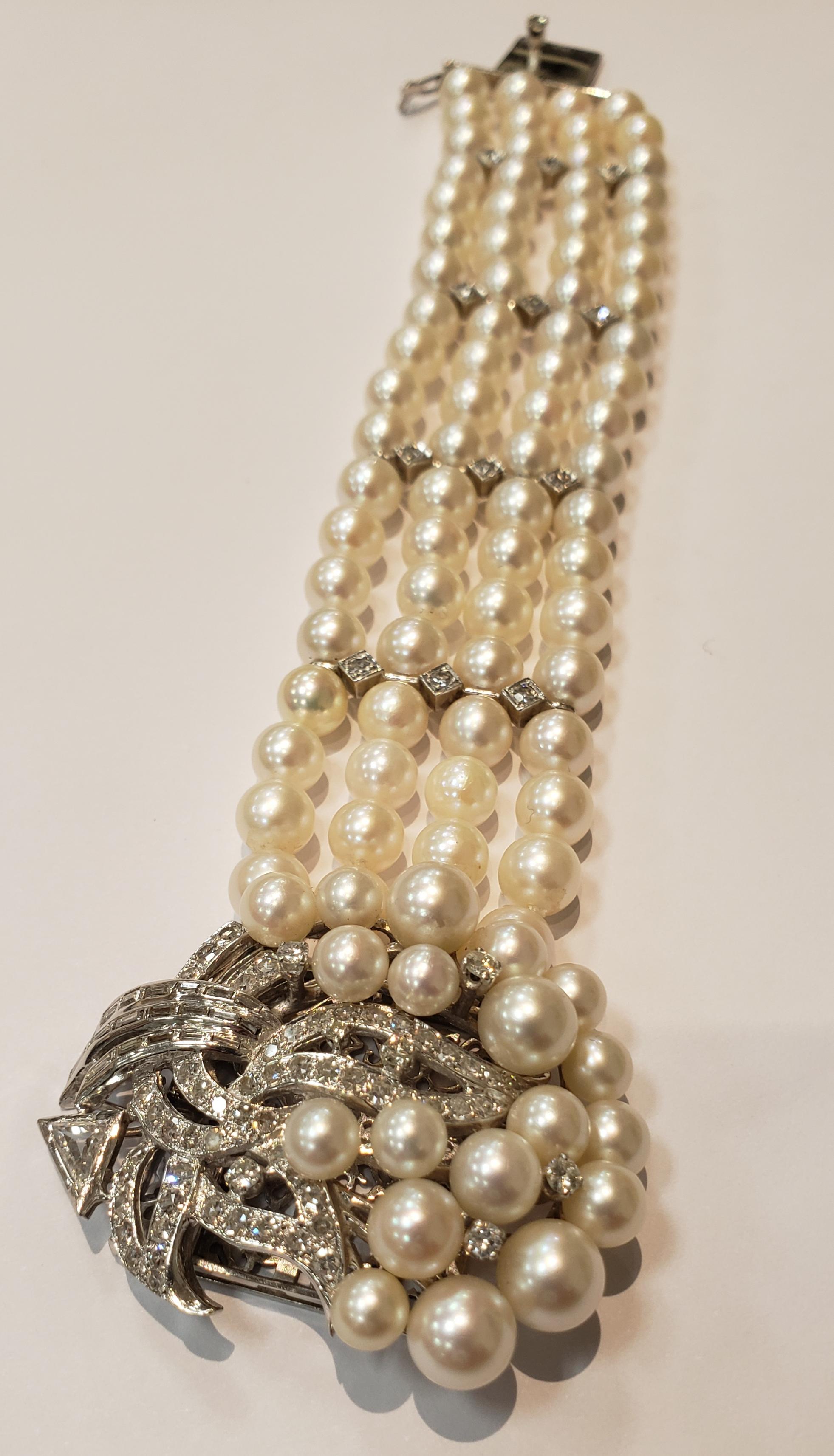 Midcentury Four Strand Pearl Bracelet with Assorted Diamond Clasp For Sale 2