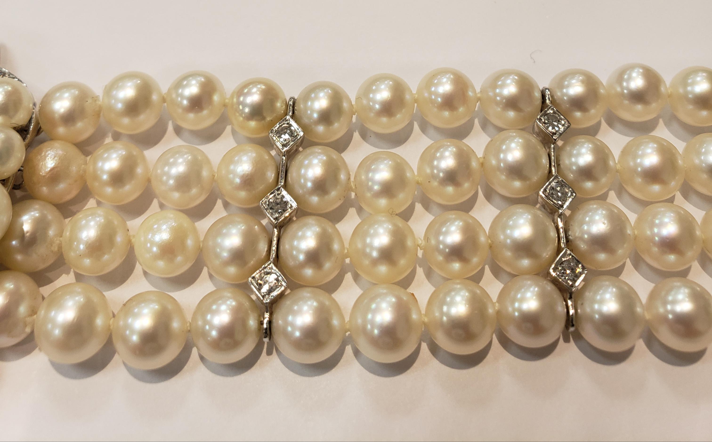 Midcentury Four Strand Pearl Bracelet with Assorted Diamond Clasp For Sale 3