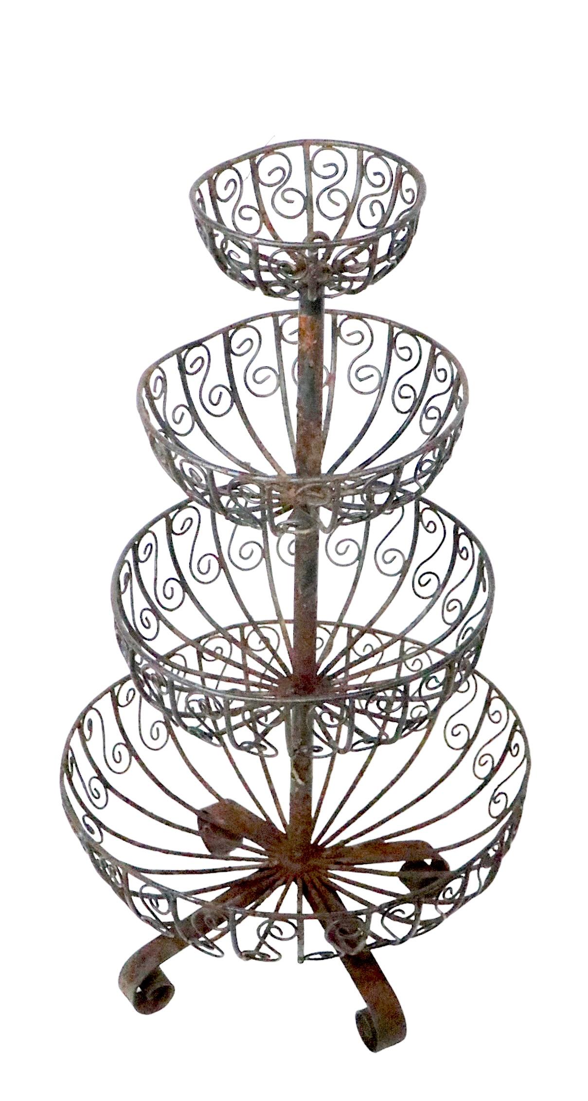 Mid Century Four Tier Wrought Iron Wire Work Planter with Graduated Size Basins For Sale 4