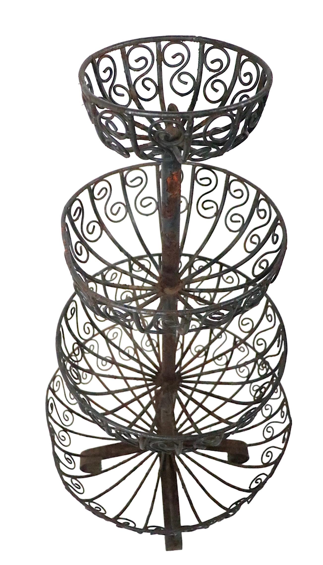 American Mid Century Four Tier Wrought Iron Wire Work Planter with Graduated Size Basins For Sale