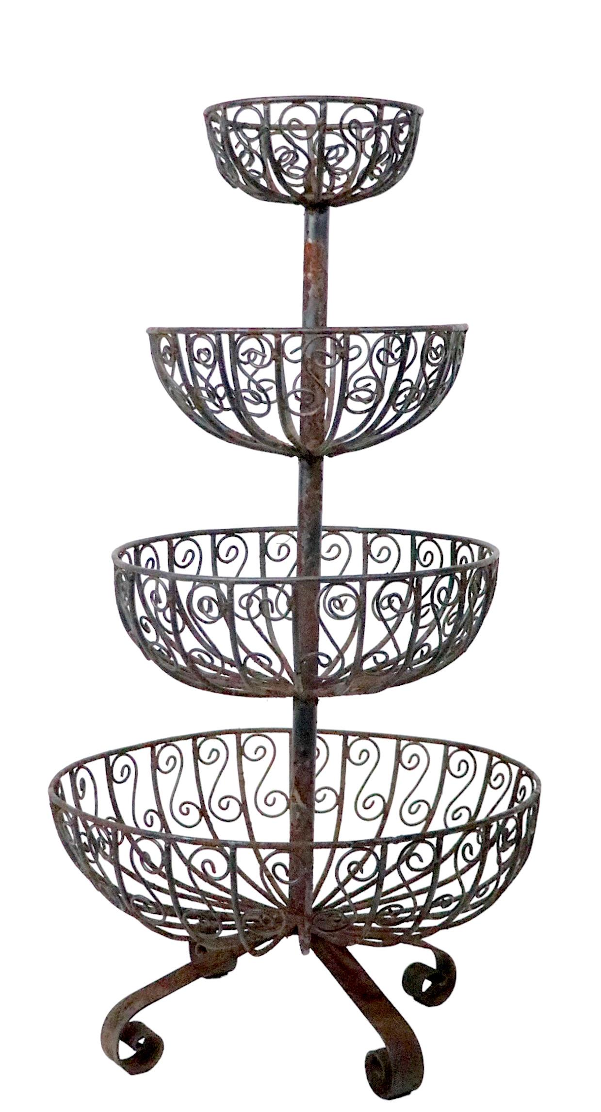 Mid Century Four Tier Wrought Iron Wire Work Planter with Graduated Size Basins For Sale 1
