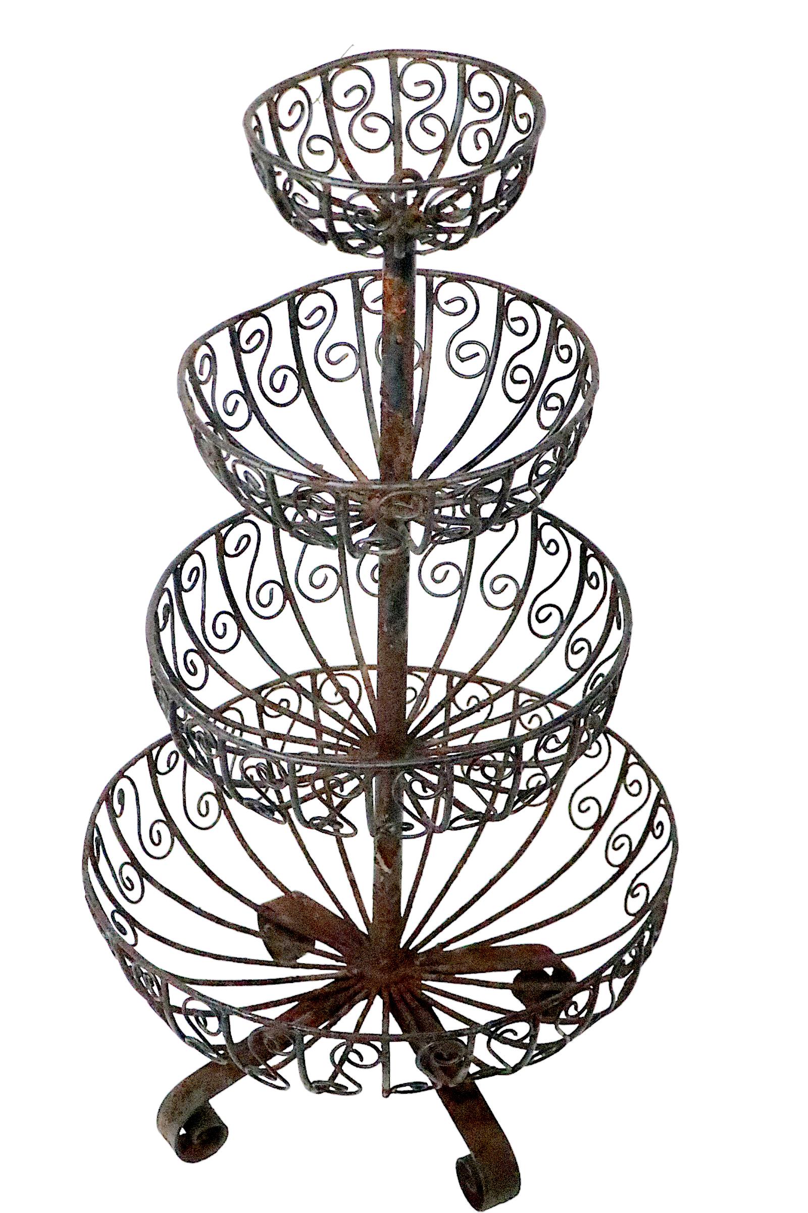 Mid Century Four Tier Wrought Iron Wire Work Planter with Graduated Size Basins For Sale 3