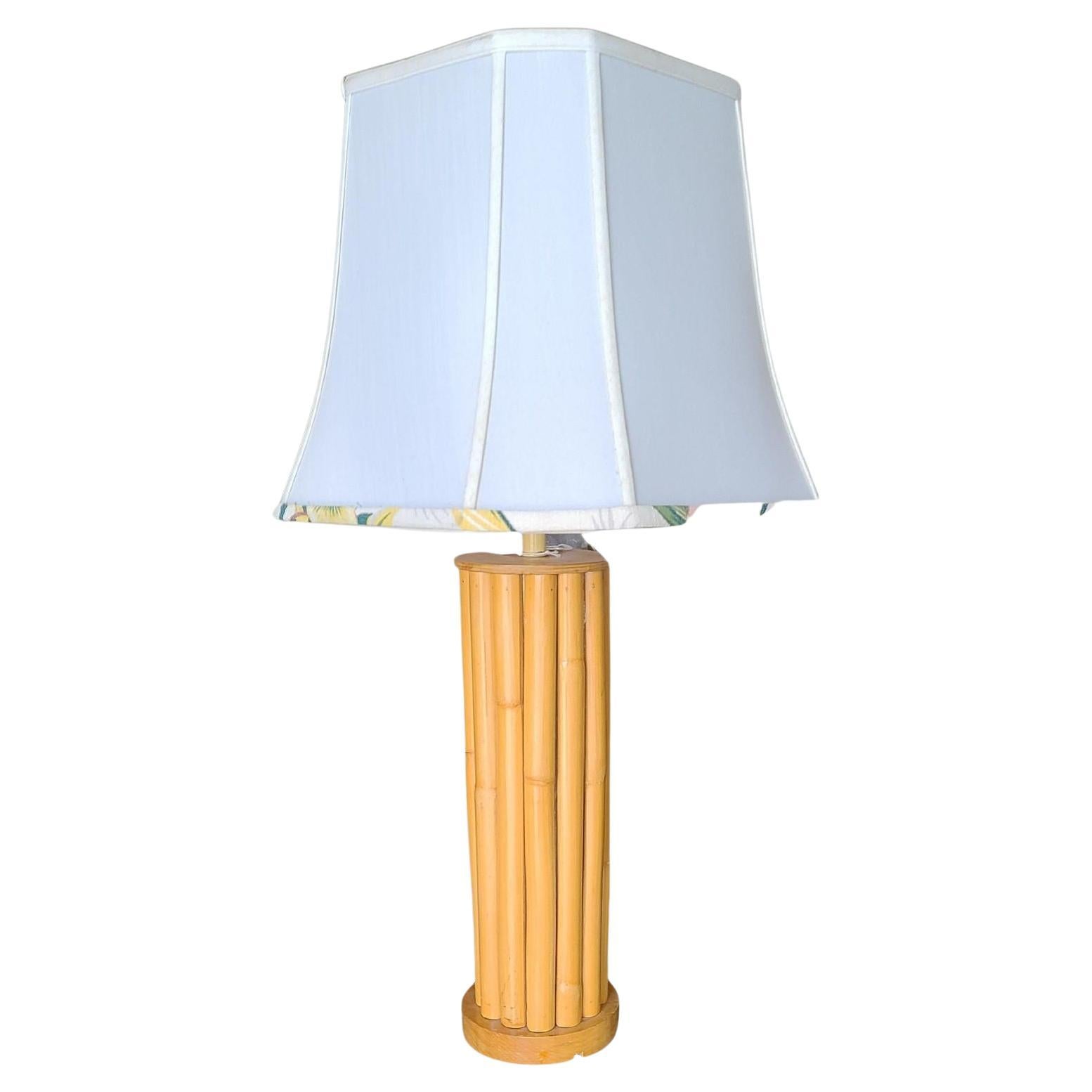 Restored Mid-Century14-Strand Stick Reed Rattan Table Lamp W/ Fancy Wrapp For Sale