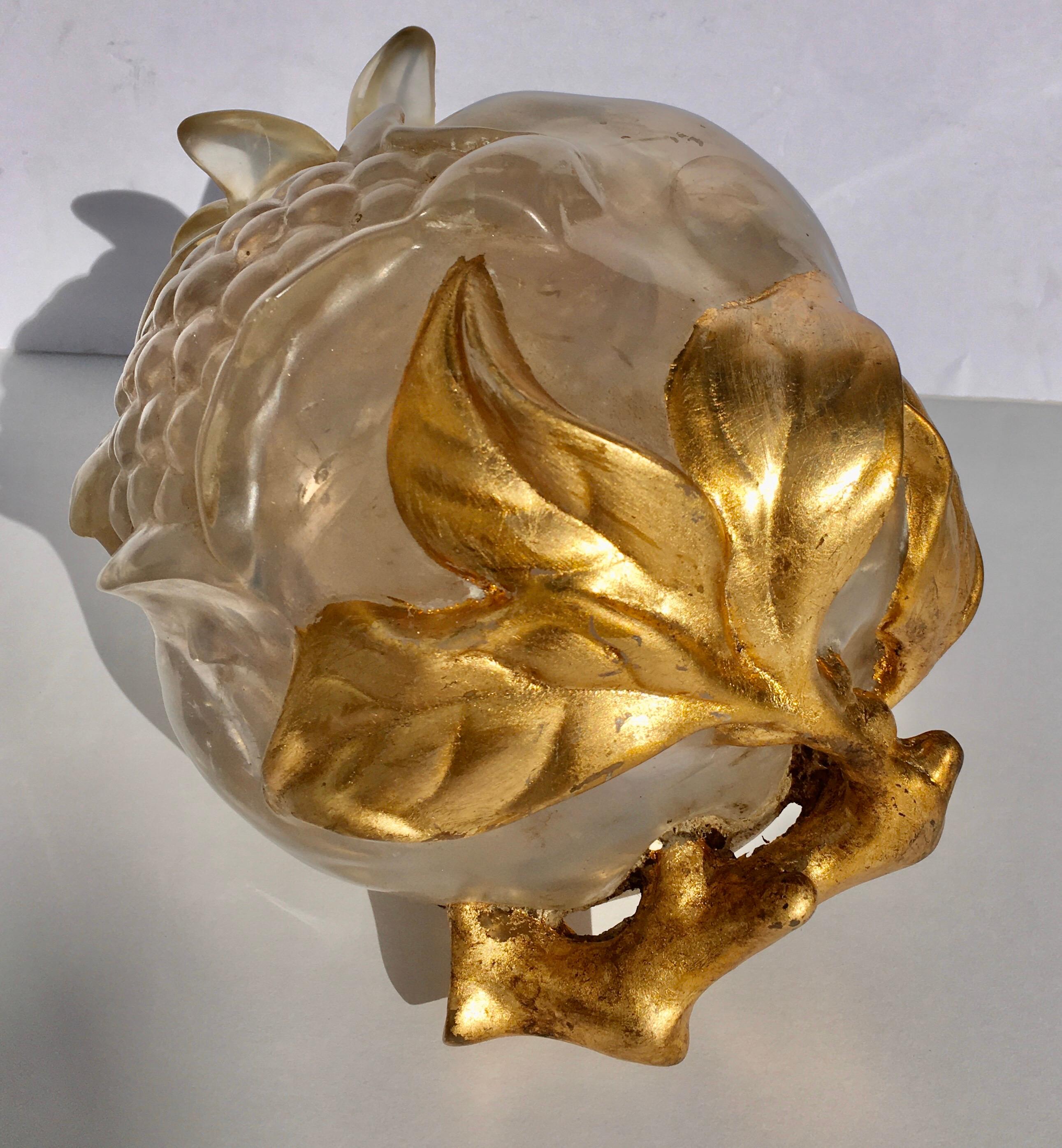 Large Mid-Century Modern fractured Lucite and gilt painted pomegranate fruit tabletop accessory sculpture.