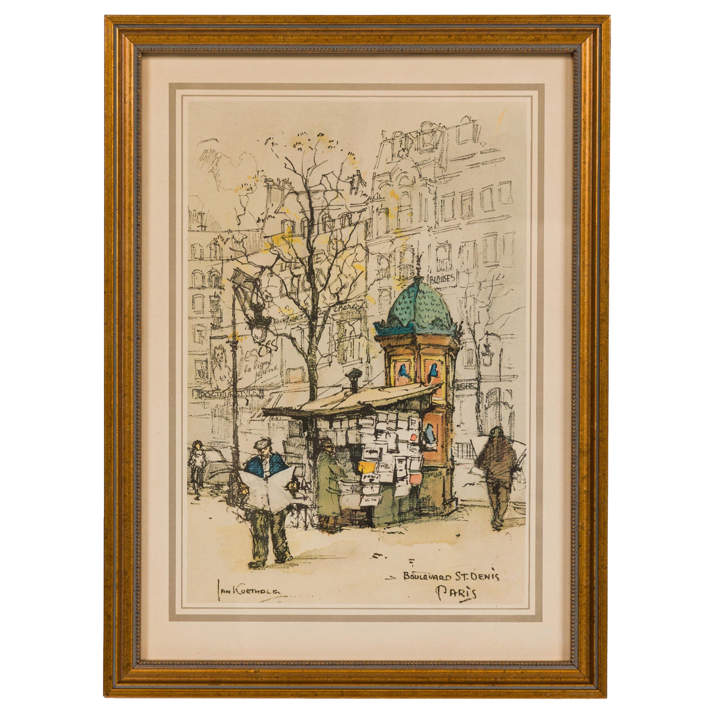 Mid-Century Framed Genre Scene Print of a Parisian Street, "Paris, Boulevard St For Sale