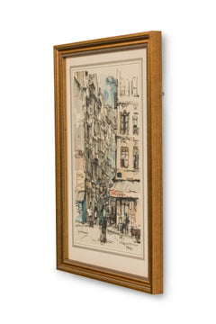Mid-Century Framed Parisian Street Genre Print, Place Du Petit Pont