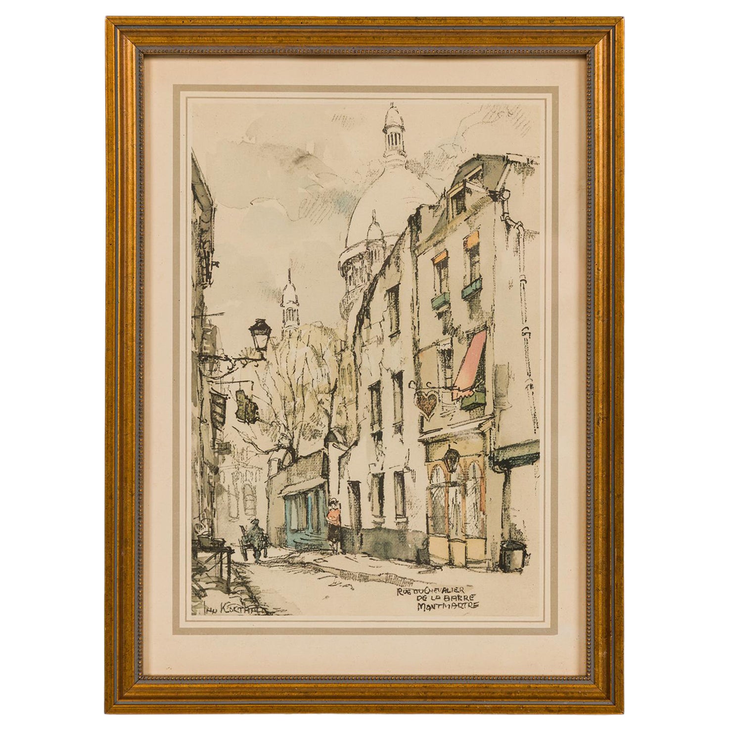 Mid-Century Framed Genre Scene Print of a Parisian Street, "Rue Du Chevalier De