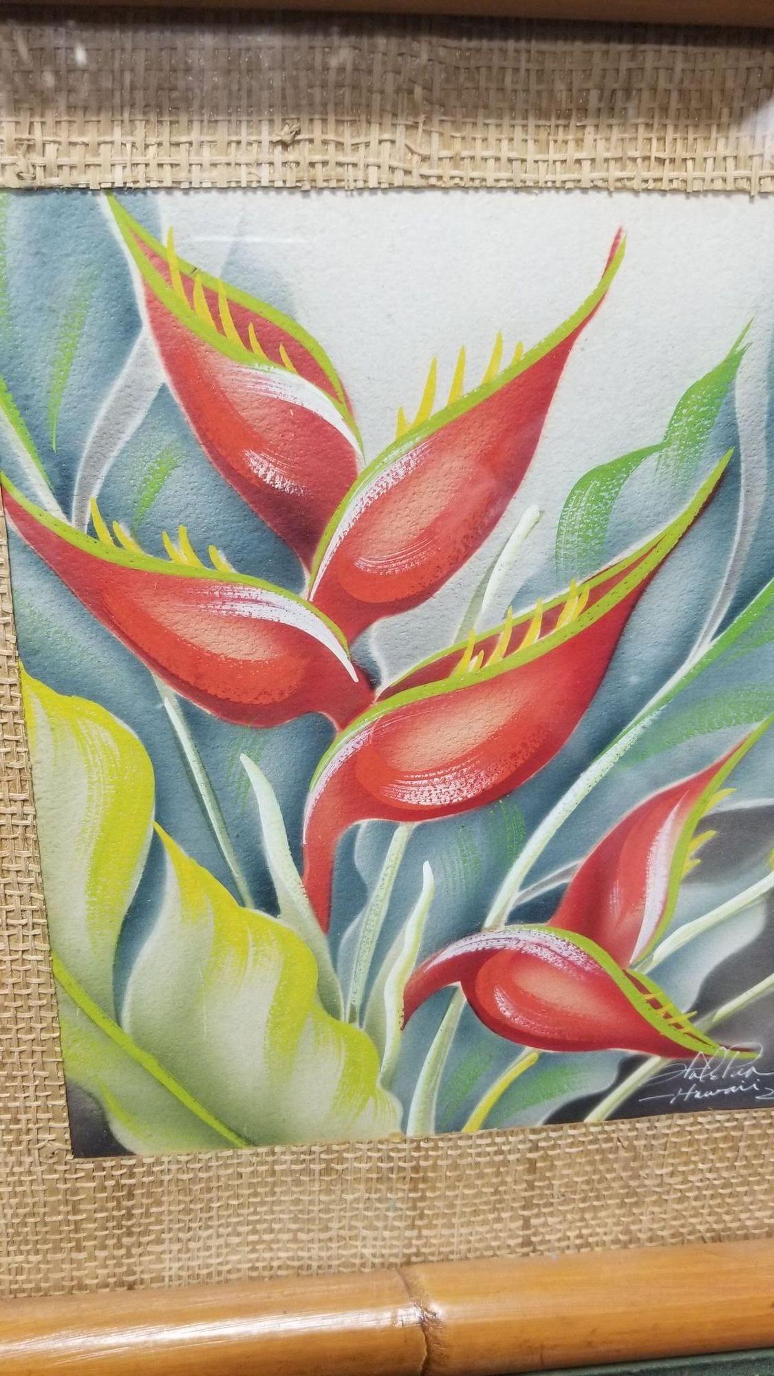 A vintage mid-century framed artwork painting of the Heliconia flower. Signed 