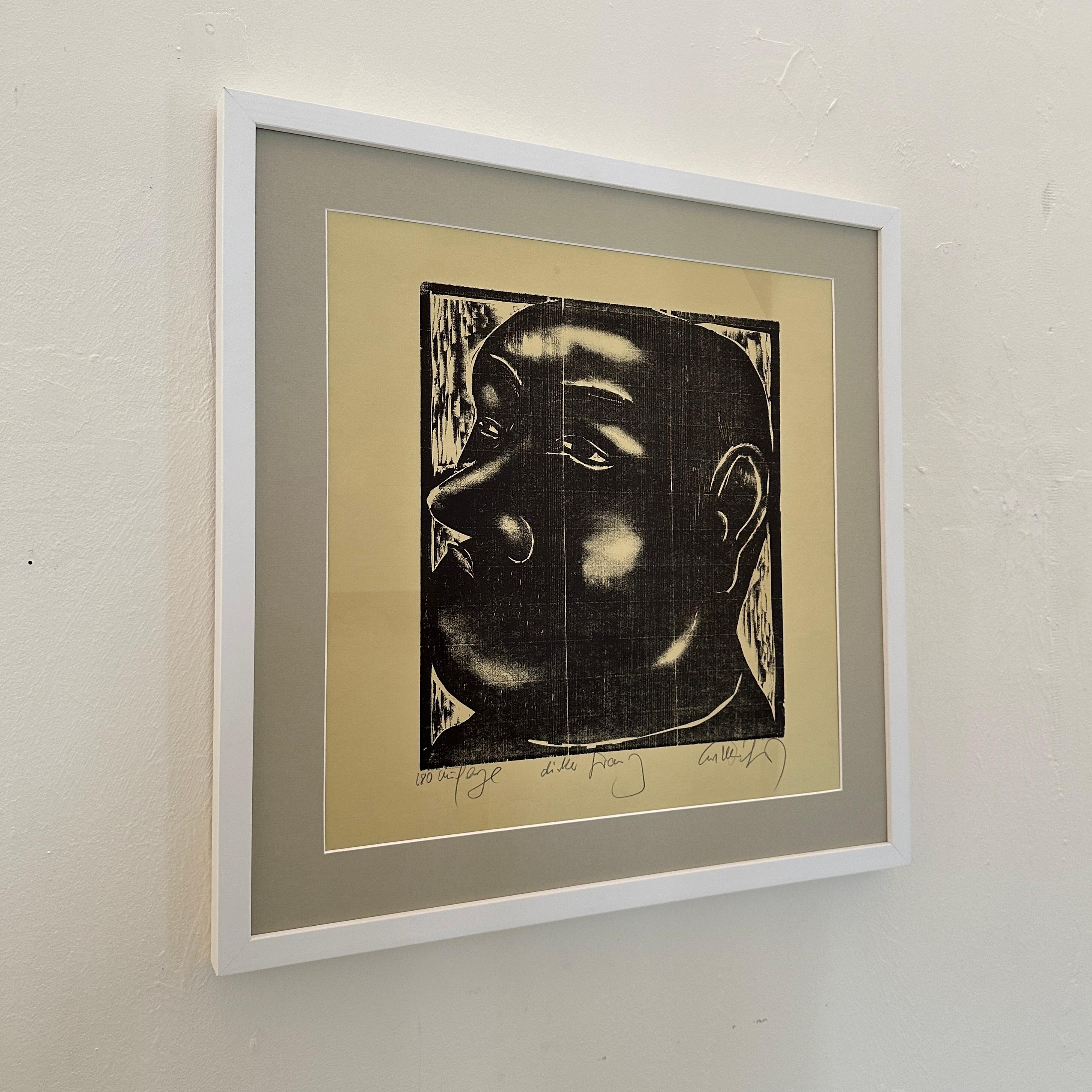Expressionist Mid Century Framed Linoleum Cut on Paper, Portrait of a Man, around 1970 For Sale
