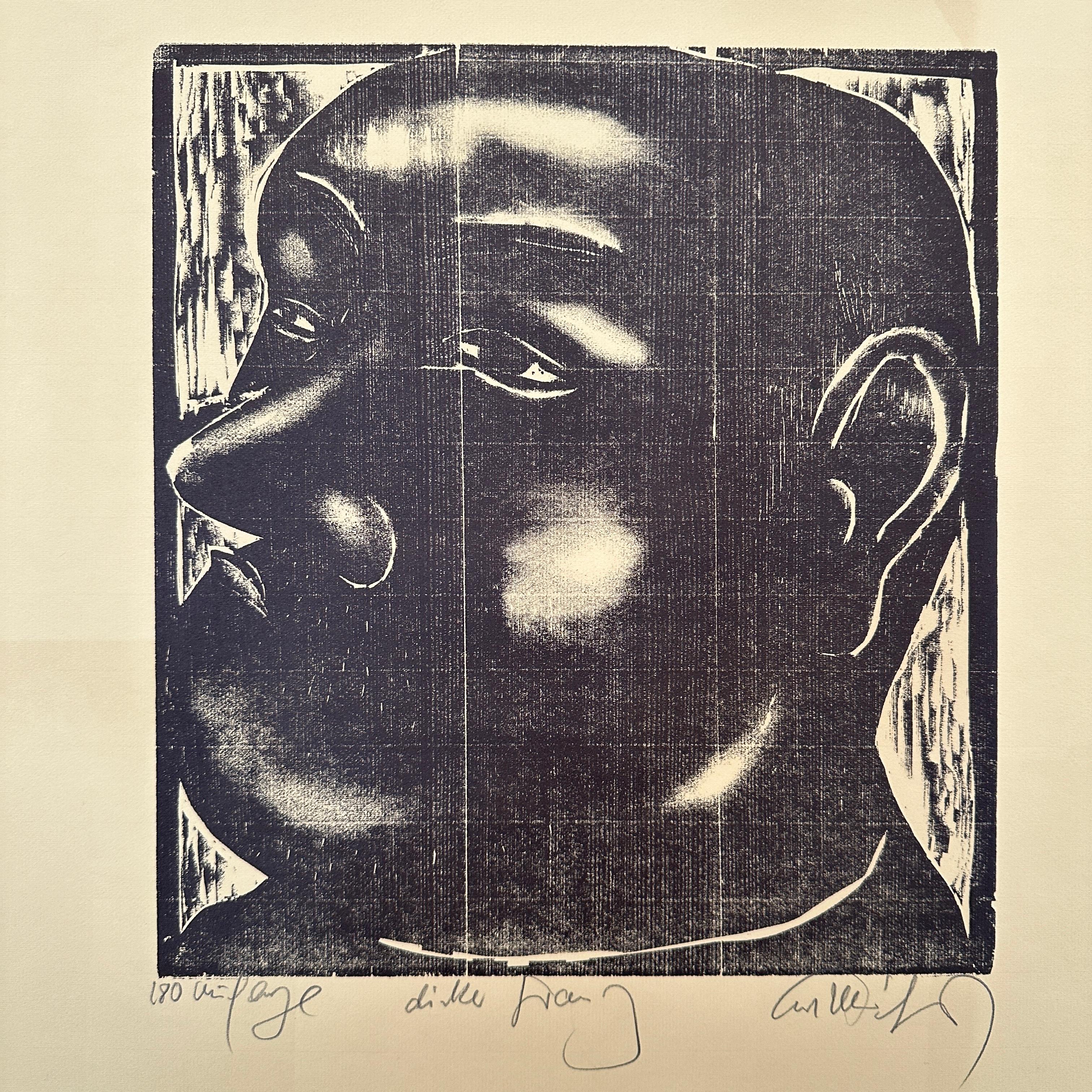 Fin du 20e siècle Linoléum découpé sur papier encadré du milieu du siècle, Portrait d'un homme, vers 1970 en vente