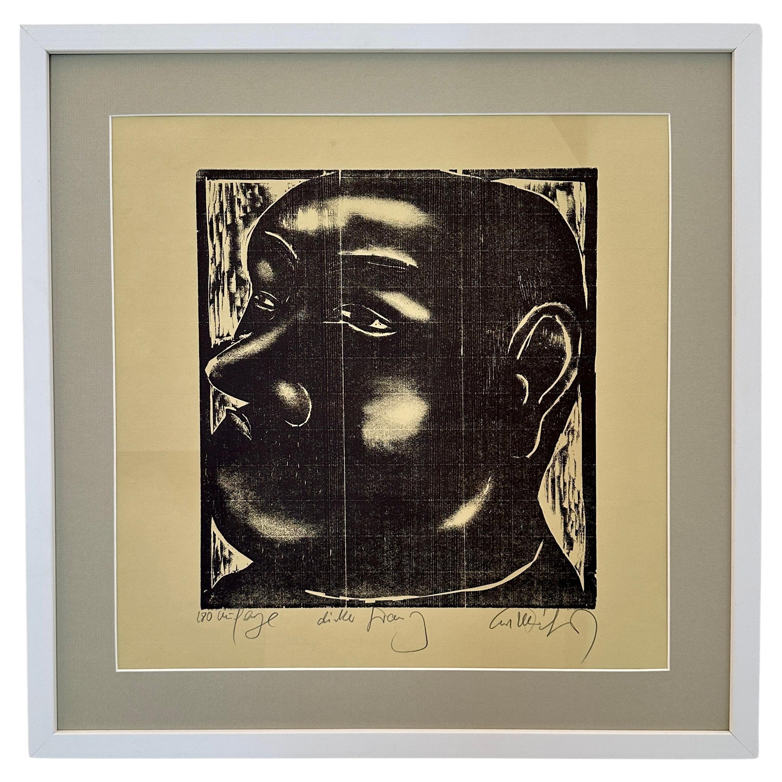 Mid Century Framed Linoleum Cut on Paper, Portrait of a Man, around 1970 For Sale
