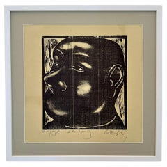 Linoléum découpé sur papier encadré du milieu du siècle, Portrait d'un homme, vers 1970