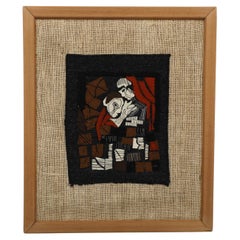 Vintage Mid-Century Framed Mini Embroidered Felt Art in Wooden Frame, Artist Unknown