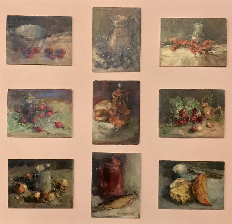 Grouped in a theme of Culinary Still Life Studies, this intriguing Montage of nine small oil paintings on board has been hand painted signed, matted and framed together to create a marvelous visual feast for the eyes! Classic subject matter includes