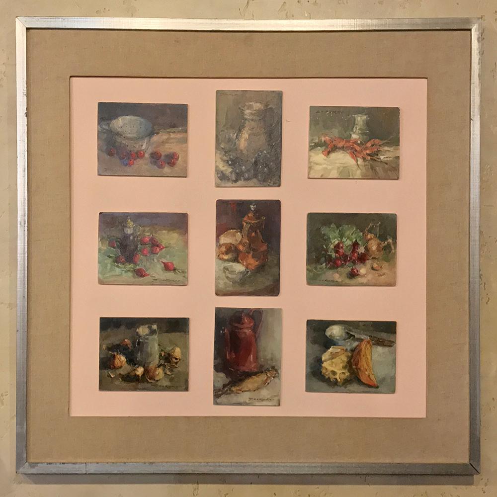 Belgian Midcentury Framed Montage of 9 Small Oil Culinary Still Life Paintings For Sale