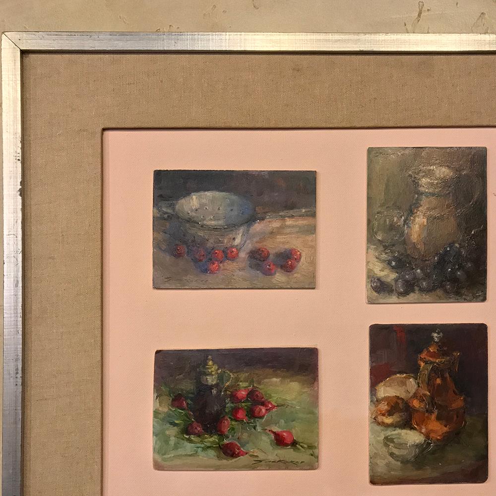 Midcentury Framed Montage of 9 Small Oil Culinary Still Life Paintings In Good Condition For Sale In Dallas, TX