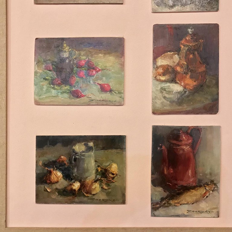 Midcentury Framed Montage of 9 Small Oil Culinary Still Life Paintings For Sale 1