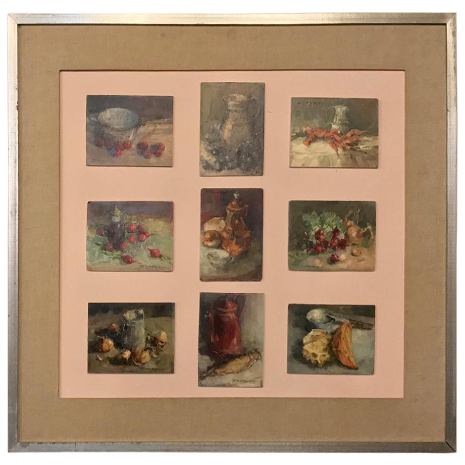 Midcentury Framed Montage of 9 Small Oil Culinary Still Life Paintings