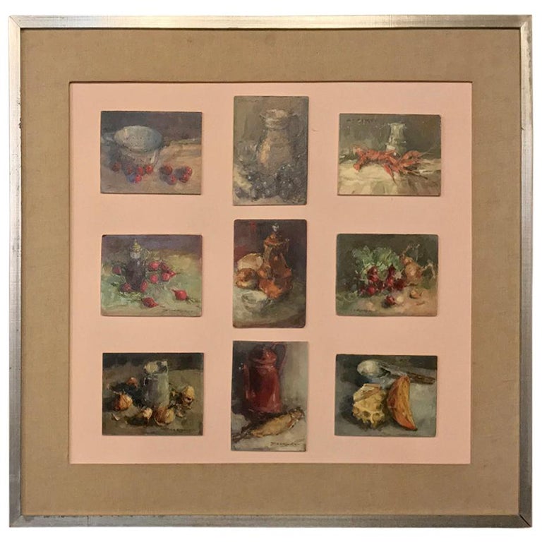 Midcentury Framed Montage of 9 Small Oil Culinary Still Life Paintings For Sale