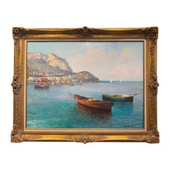 Quadro olio su tela "Costiera Amalfitana" incorniciato di metà secolo firmato Guido Odierna