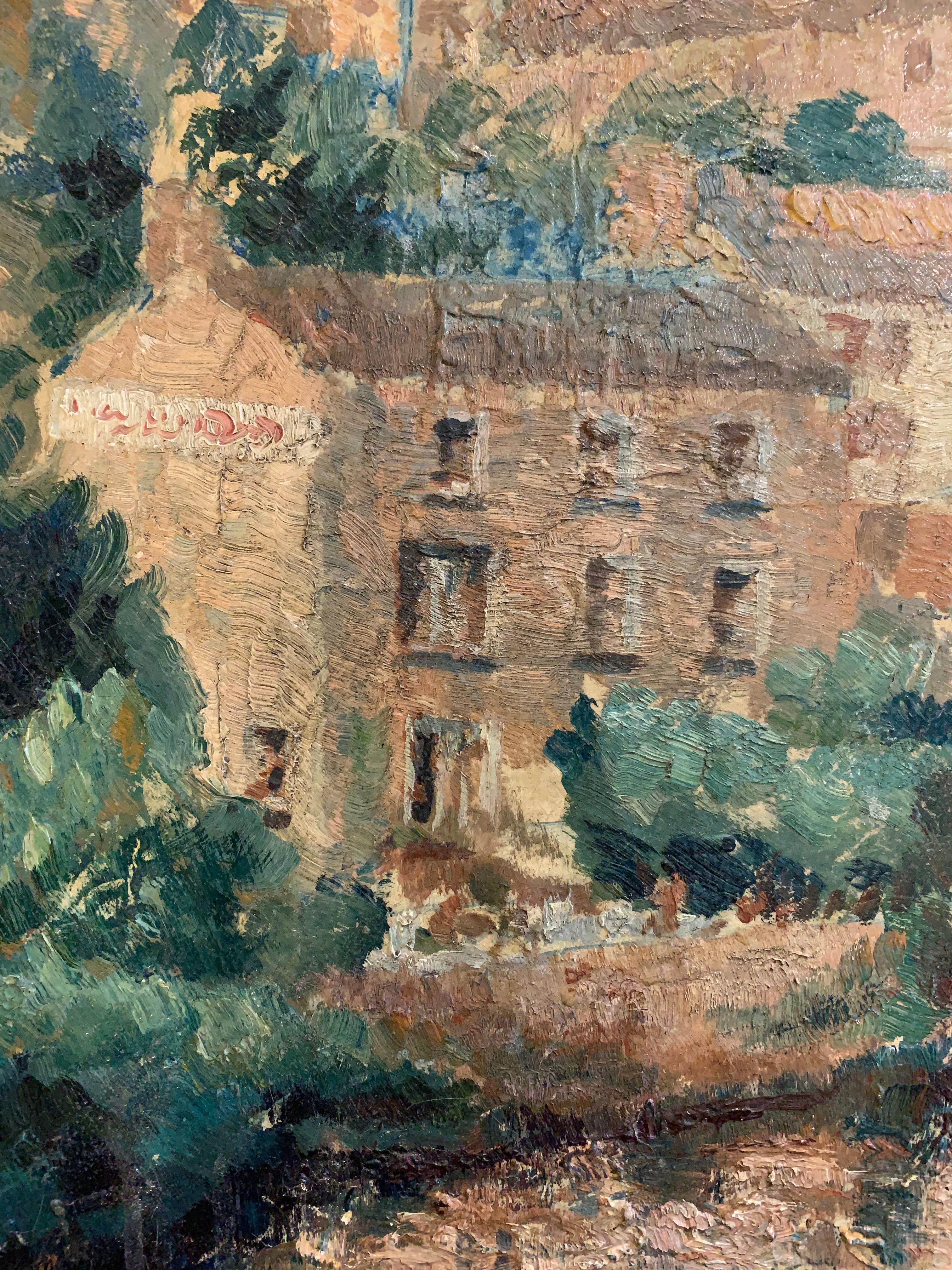 Mid century framed oil on canvas of Knaresborough in North Yorkshire 3